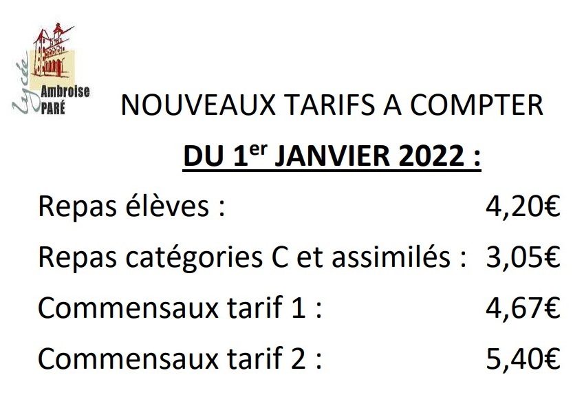 Nouveaux Tarifs à compter du 1er janvier 2022